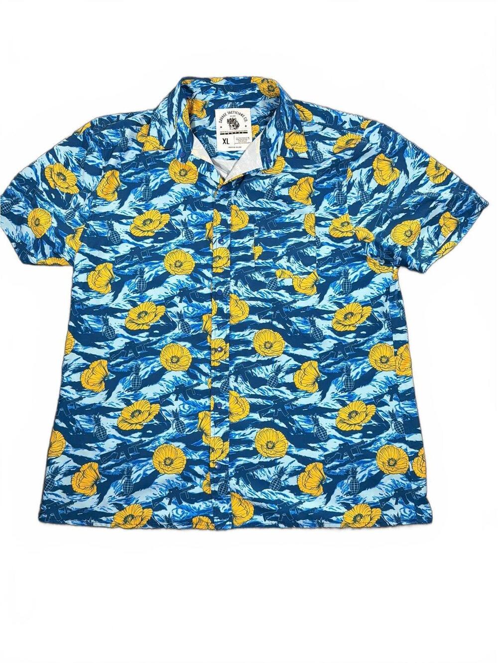 Savage Tacticians Co. XL Blue Floral and Weapon Print Short Sleeve Shirt